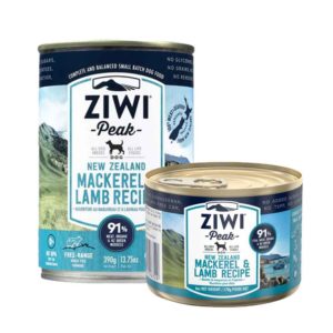 Rwo cans of Ziwi Peak Premium Canned mackerel and lamb Dog Food